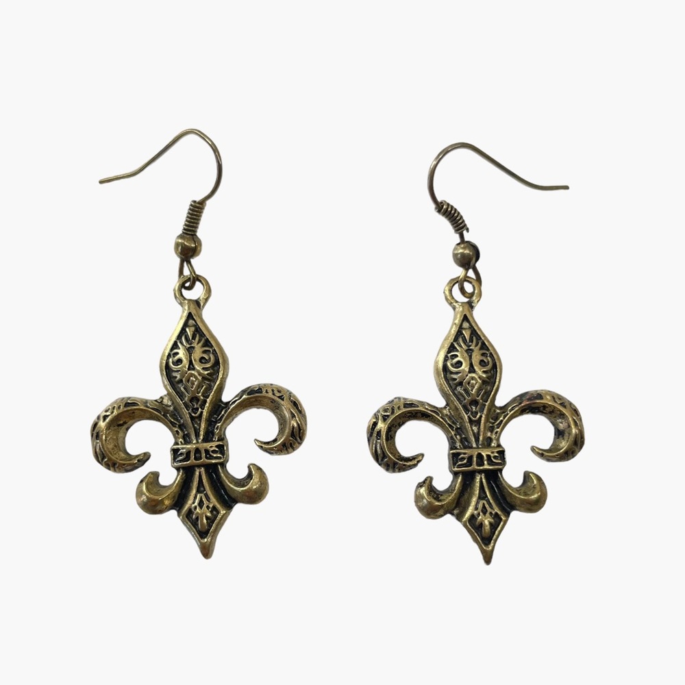 Fleur‎ delis Shaped Dangle Gold Earrings